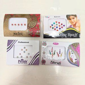NEW Pack of 4 Bindis (Shruti, Petals, Batra's, Nidhi) Gold Red Green Blue Pink
